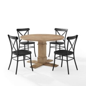 The Joanna Round Dining Set with Camille Chairs is where modern farmhouse style meets French industrial chic. Blending rustic wood and sturdy steel
