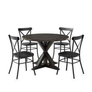 this set features a round pedestal table surrounded by four all-metal x-back dining chairs. Beautifully crafted with intersecting legs