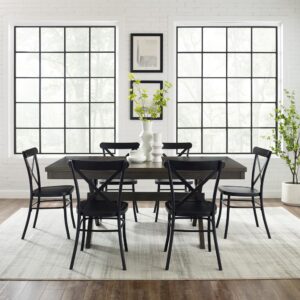 this set features an extendable table with an 18” leaf surrounded by six all-metal x-back dining chairs. Beautifully crafted with  X-shaped legs