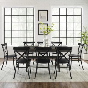 this set features an extendable table with an 18” leaf surrounded by eight all-metal x-back dining chairs. Beautifully crafted with  X-shaped legs