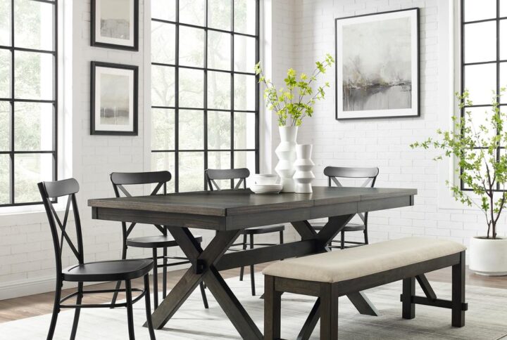 Bring modern farmhouse style to family gatherings with the Hayden Dining Set with Camille Chairs. Blending rustic wood and sturdy steel