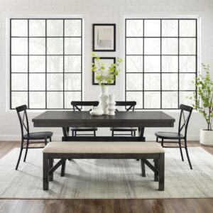 this set features an extendable table with an 18” leaf surrounded by a coordinating bench and four all-metal x-back dining chairs. Beautifully crafted with X-shaped legs