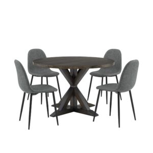 this set delivers an upscale dining experience. The steel tapered legs of the chairs give an unobscured view of the table's unique intersecting pedestal base. Beautifully crafted to blend rustic and contemporary aesthetics
