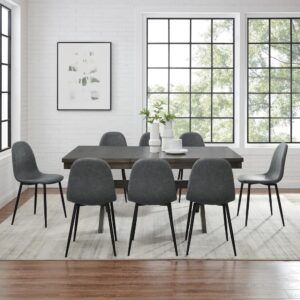 this set delivers an upscale dining experience. The steel tapered legs of the chairs give an unobscured view of the table's unique trestle base. Beautifully crafted to blend rustic and contemporary aesthetics