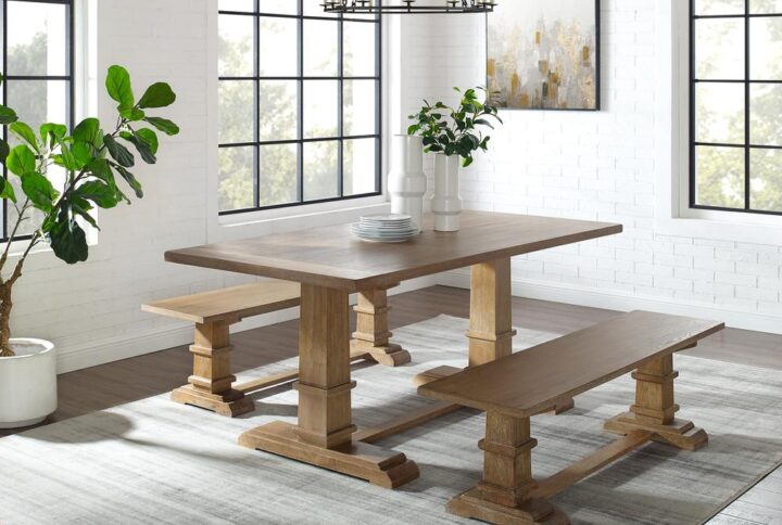 The Joanna 3pc Dining Set brings the rustic beauty of modern farmhouse design to your dining room. Featuring a large rectangle trestle table and two dining benches