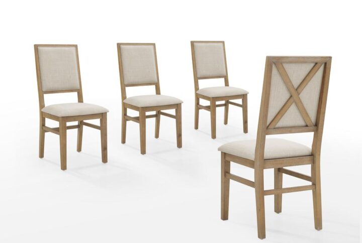 The rustic elegance of the Joanna 4-Piece Dining Chair Set adds farmhouse charm to your kitchen or dining room. Along with the upholstered back and seat
