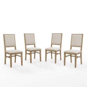 this chair set features a unique wooden X design across the back. The Joanna chairs bring character and durable comfort to any dining table.