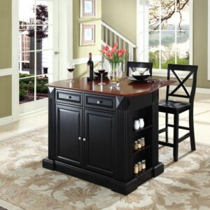 while the two X-Back Counter Height Bar Stools add comfortable seating. The island’s two large cabinets feature adjustable shelving for larger kitchen items. With two large drawers and open shelves at each end of the island