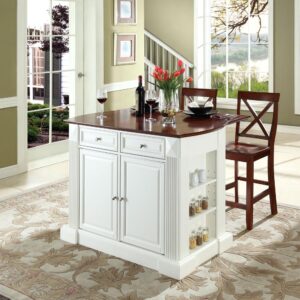 while the two X-Back Counter Height Bar Stools add comfortable seating. The island’s two large cabinets feature adjustable shelving for larger kitchen items. With two large drawers and open shelves at each end of the island