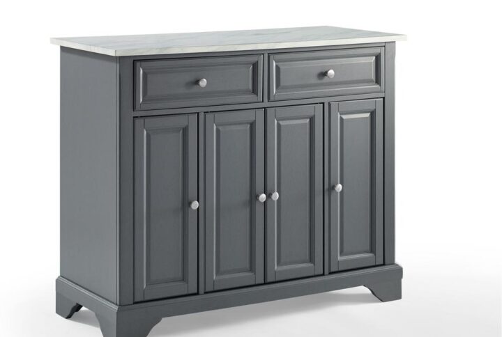 Bring elegance and function to your kitchen with the Avery Kitchen Island/Cart. Featuring a beautiful faux-marble countertop