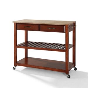 Mobility and open storage are the hallmarks of the Kitchen Prep Cart. Featuring a sturdy wood countertop and two deep storage drawers