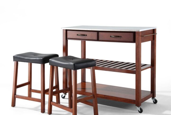 The Kitchen Prep Cart with Saddle Stools offers a great combination of kitchen storage