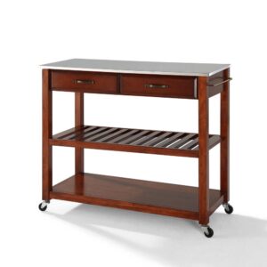 Mobility and open storage are the hallmarks of the Kitchen Prep Cart. Featuring a sturdy stainless steel countertop and two deep storage drawers