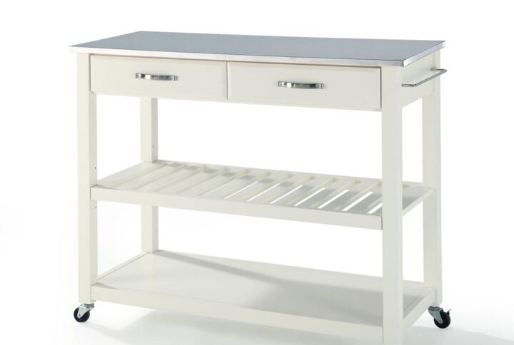 Mobility and open storage are the hallmarks of the Kitchen Prep Cart. Featuring a sturdy stainless steel countertop and two deep storage drawers