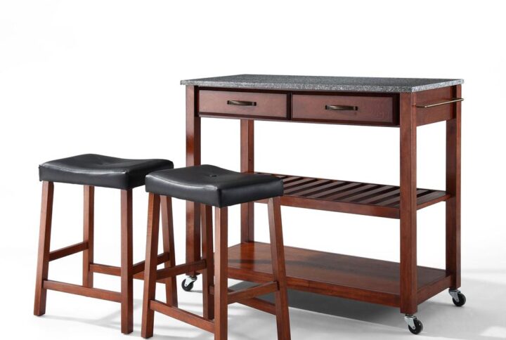 The Kitchen Prep Cart with Saddle Stools offers a great combination of kitchen storage