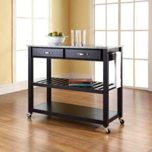 this cart keeps utensils close at hand while providing ample space for food prep. The slatted center shelf provides storage for wine bottles and can be removed to create space for larger kitchen items. With four casters
