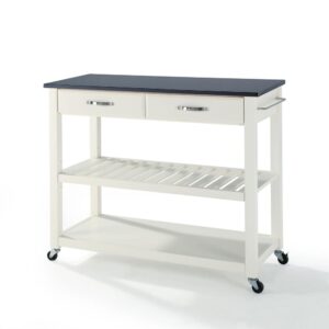 Mobility and open storage are the hallmarks of the Kitchen Prep Cart. Featuring a beautiful granite countertop and two deep storage drawers