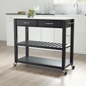 this cart keeps utensils close at hand while providing ample space for food prep. The slatted center shelf provides storage for wine bottles and can be removed to create space for larger kitchen items. With four casters