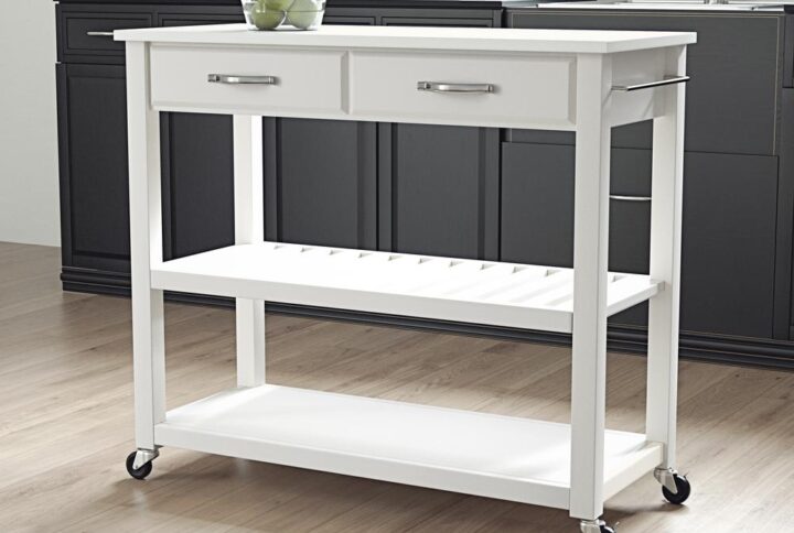 Mobility and open storage are the hallmarks of the Kitchen Prep Cart. Featuring a beautiful granite countertop and two deep storage drawers