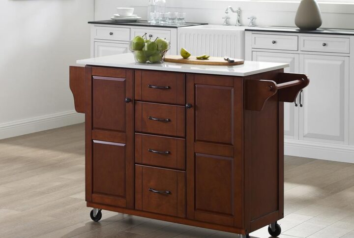 Prepare all your meals with ease using the Eleanor Kitchen Island. Featuring two cabinets each with an adjustable shelf plus four spacious drawers