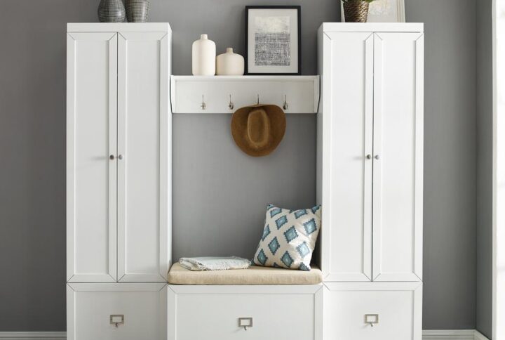 The Harper 4pc Entryway Set offers a great combination of storage solutions for your foyer or mudroom. Pantry closets provide adjustable and removable shelves