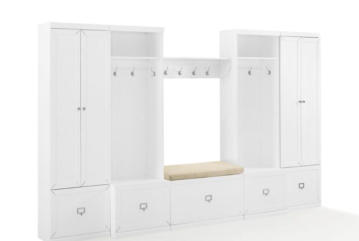 The Harper 6pc Entryway Set offers a great combination of storage solutions for your foyer or mudroom. The pantry closets contain adjustable and removable shelves
