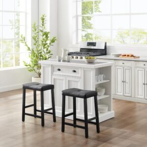 The Seaside Kitchen Island Set offers lovely coastal charm and high-end details. The spacious countertop has a stunning granite inlay that is complemented by the distressed finish and beadboard paneling. A large pass-through cabinet with adjustable shelves and a pass-through drawer allow easy access to stored items. The included saddle stools add comfort and casual elegance. Open shelves at each end of the island are ideal for spices and decorative canisters