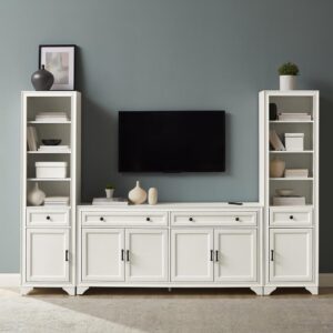 the Tara 3pc Entertainment Set is a stylish take on a classic entertainment center. The sideboard features two wide full-extension drawers and two large cabinets with adjustable shelves. Each bookcase has a full-extension drawer and three open adjustable shelves. The Tara 3pc Entertainment Set is a great storage option for framing large TVs up to 65".