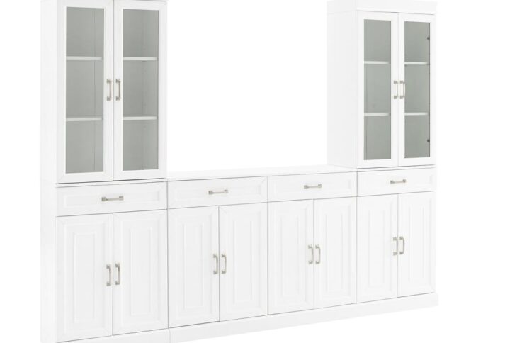 Amazingly versatile with storage galore! The Stanton 3pc Sideboard and Glass Door Pantry Set has the look of classic built-in cabinetry with a flexible modular design. Featuring a total of six large cabinets with adjustable shelves
