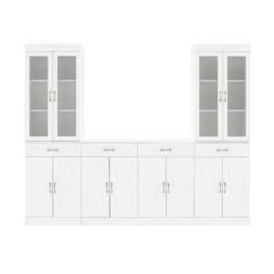 this home organization set stows a variety of everyday items. Two of the cabinets feature tempered glass doors for displaying dishware or keepsakes
