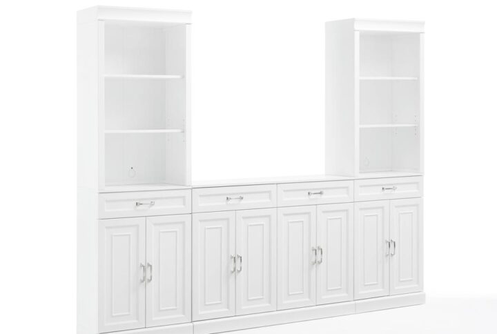 Amazingly versatile with ample storage space! The Stanton 3pc Sideboard and Bookcase Set has the timeless look of classic built-in cabinetry with a flexible modular design. Featuring large storage cabinets and open bookshelves