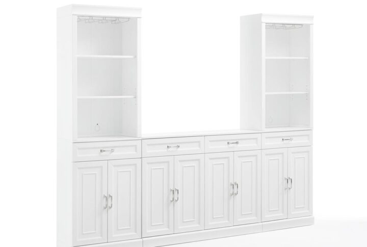 Amazingly versatile with ample storage space! The Stanton 3pc Sideboard and Bar Set has the timeless look of classic built-in cabinetry with a flexible modular design. Featuring large storage cabinets