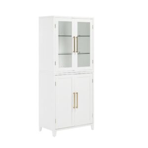 the upper display cabinet is ideal for home organization in the kitchen or living room. Beneath the hutch is a small accent cabinet with panel doors and adjustable shelves that keep everyday items out of sight. Beautiful bar hardware and cable management holes make this pantry great for media storage or as a curio cabinet.