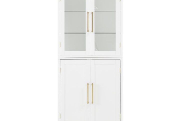 The Roarke Kitchen Pantry Storage Cabinet features a beautiful glass door hutch that displays everything from keepsakes and décor to your favorite books. With two adjustable glass shelves