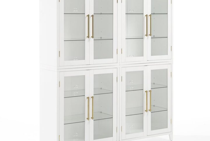 The Roarke 2pc Kitchen Pantry Storage Cabinet Set features beautiful glass doors that display everything from keepsakes and décor to your favorite books. With four adjustable glass shelves in each display cabinet