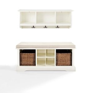 and two larger cubbies with wicker baskets for tucking away items you want out of site. The coordinating shelf features three open shelves for everyday items like your keys and wallet