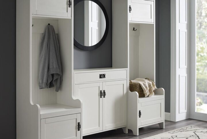 Craft the ultimate landing zone in your foyer or mudroom with the Fremont 3pc Entryway Set. The included accent cabinet features an adjustable shelf and a full-extension drawer on ball-bearing glides