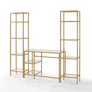 the Aimee 3pc Desk and Etagere Set is an eye-catching addition to any home office. With a sleek steel frame and tempered glass on the desktop and shelves