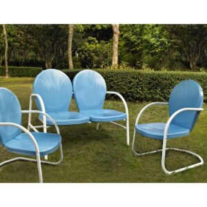 this seating set's steel construction and powder-coated finish resist rust and sun fade. Featuring a vintage style that comes in a variety of vibrant colors