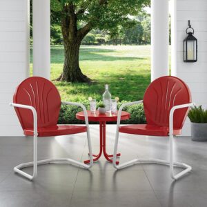 this set has a powder-coated finish that resists rust and sun fade. Each patio chair showcases vintage style with a cantilever base that has just enough flex for lounging in comfort. The outdoor side table has a sturdy pedestal base that easily tucks between the chairs