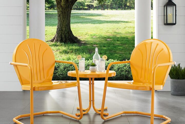 Add retro simplicity to your outdoor retreat with the Griffith 3pc Outdoor Chair Set. Available in a variety of vibrant colors