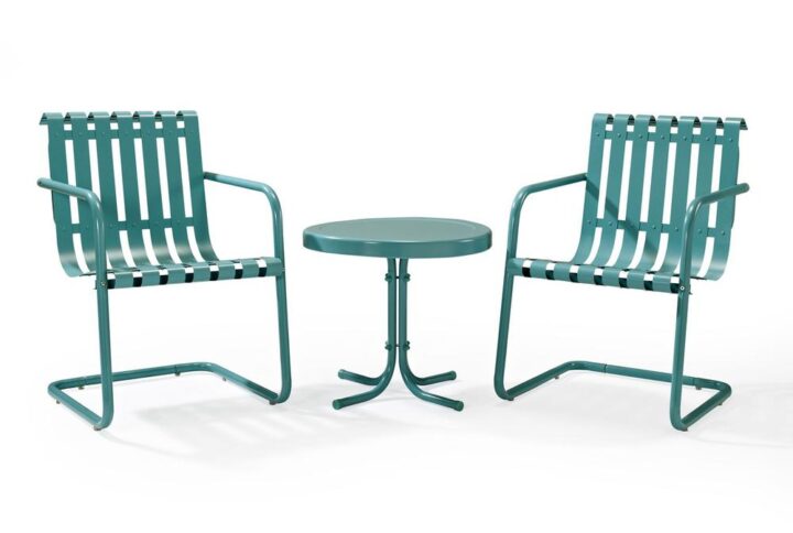 Prepare to be swept back in time with the Gracie 3pc Outdoor Chair Set. These patio chairs have a retro slatted design and use a cantilevered base allowing just enough flex for lounging in comfort. Made of durable steel