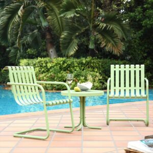 the chairs and side table have a powder-coated finish that resists rust and sun fade. The outdoor side table has a sturdy pedestal base that easily tucks between the chairs