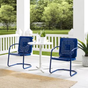 Nostalgia abounds with the Bates 3pc Bistro Set. Two vintage-style chairs in vibrant colors surround a simple metal bistro table for a fun and functional outdoor lounging experience. Each chair features a square back with a unique basket weave design that allows air to circulate. With a cantilever base