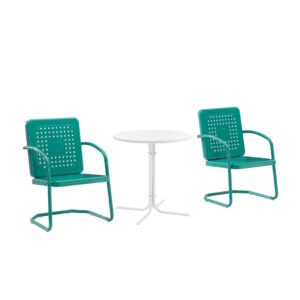the chairs offer just enough flex for relaxing outdoors. The table’s sturdy pedestal base is comprised of four metal legs and easily tucks between the chairs
