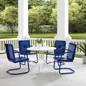 Nostalgia abounds with the Bates 5pc Dining Set. Four vintage-style chairs in vibrant colors surround a simple metal dining table for a fun and functional outdoor lounging experience. Each chair features a square back with a unique basket weave design that allows air to circulate. With a cantilever base