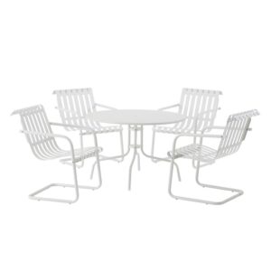 The Gracie 5pc Dining Set combines fashion and function in a colorful retro package. This set features four slatted chairs with cantilever bases surrounding a simple metal dining table. Relax and dine in vintage style with this classic table and chair set.