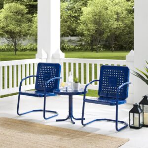 Nostalgia abounds with the Bates 3pc Outdoor Chair Set. Two vintage-style chairs in vibrant colors surround a simple metal side table for a fun and functional outdoor lounging experience. Each patio chair features a square back with a unique basket weave design allowing air to circulate for added comfort. With a cantilever base