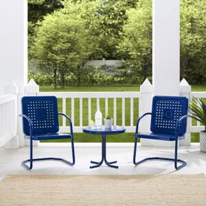 the chairs offer just enough flex for relaxing outdoors. The outdoor side table has a sturdy pedestal base that easily tucks between the chairs