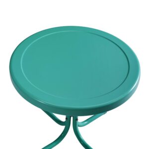 the side table and outdoor rocking chairs are constructed with durability and style in mind. The low slanted seat of the patio chair allows you to recline on smooth metal rockers while the curved armrests maximize comfort. The round outdoor side table complements the rocking chair with the perfect spot to place your drink. Available in a variety of vibrant colors